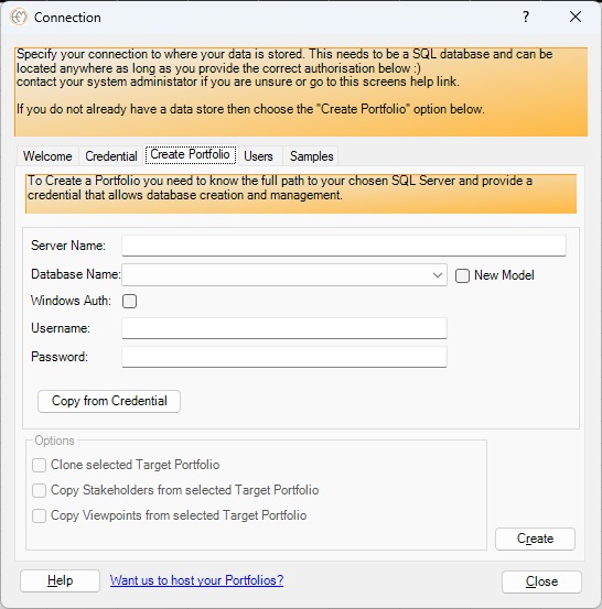 Connection Create Portfolio allows the creation or cloning of Portfolio to manage multiple set of Enterprise Modelling repository data.